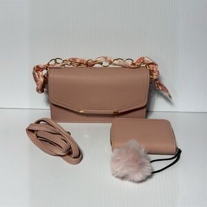 NWT Blush Handbag with FREE Crossbody Strap, Decorative Twilly, Pom Pom & Wallet